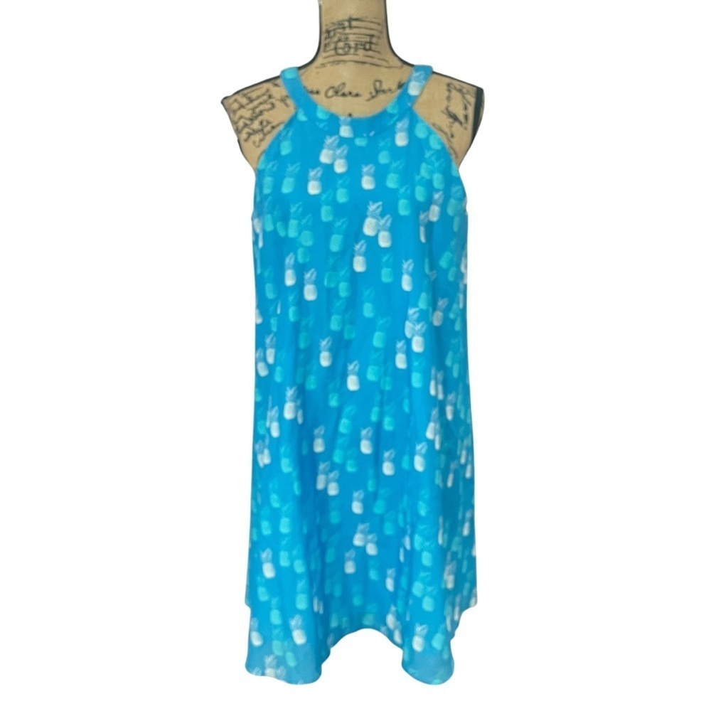 Tori Richard Pineapple Halter A-Line Dress Sleeveless Silk Lined Blue White 6